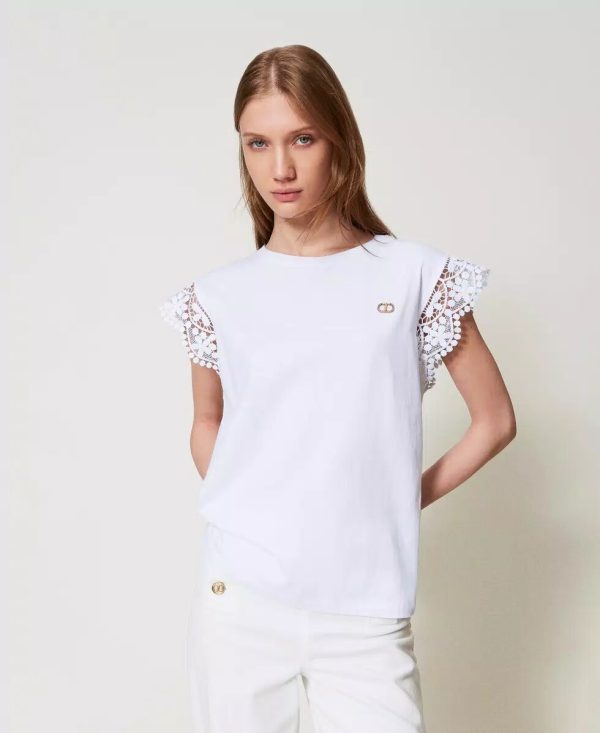 T-shirt co maniche ad aletta in pizzo twin set pe25 art. 251tt2411