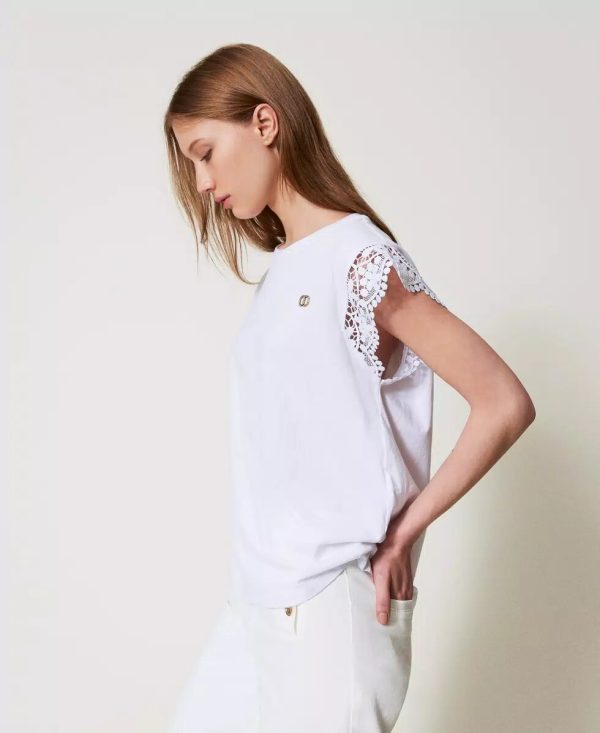 T-shirt co maniche ad aletta in pizzo twin set pe25 art. 251tt2411