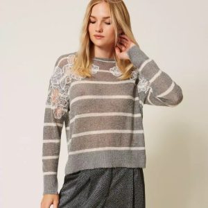 Pull Girocollo Bi-Colore Con Pizzo Ricam Twin Set 252TP3252AI25.26.